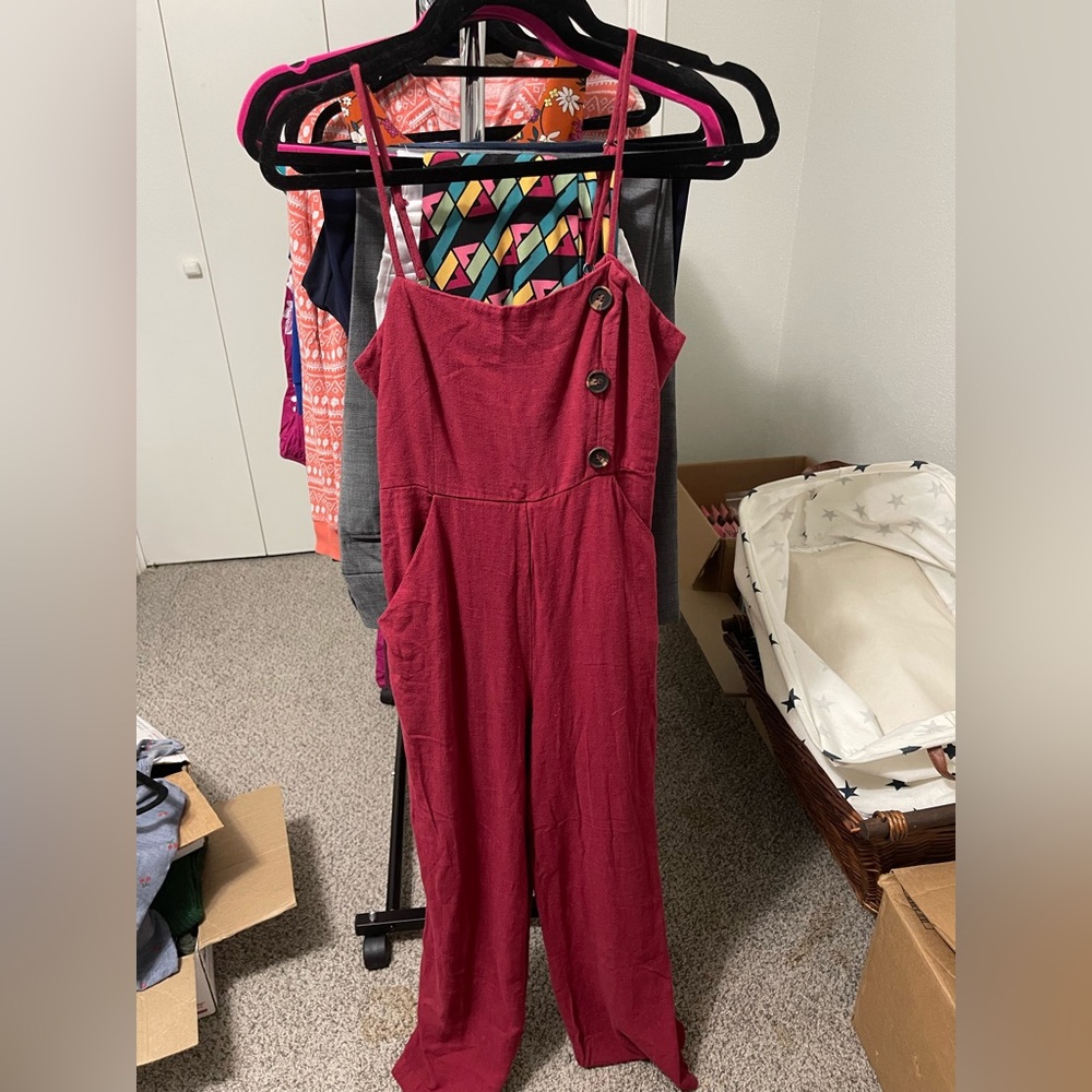 Pink Owl Burgundy Wide-Leg Jumpsuit with Button Accents